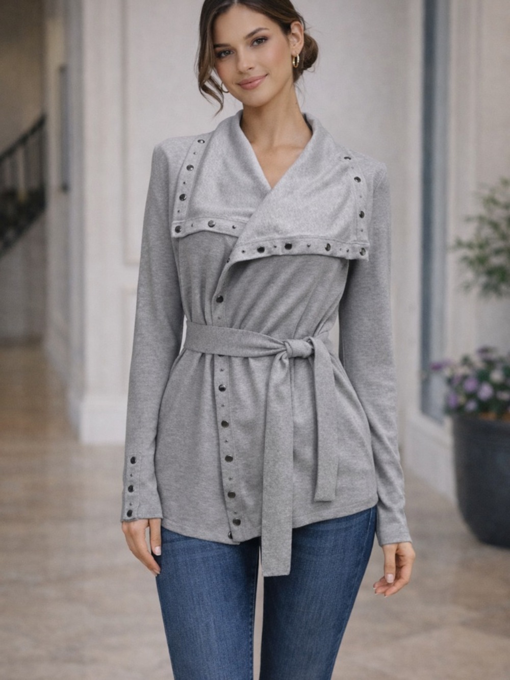 Cache Gray Stud-Trim Wrap Belted Cardigan